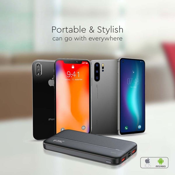 Abbildung eines V-TAC Powerbanks mit Smartphones