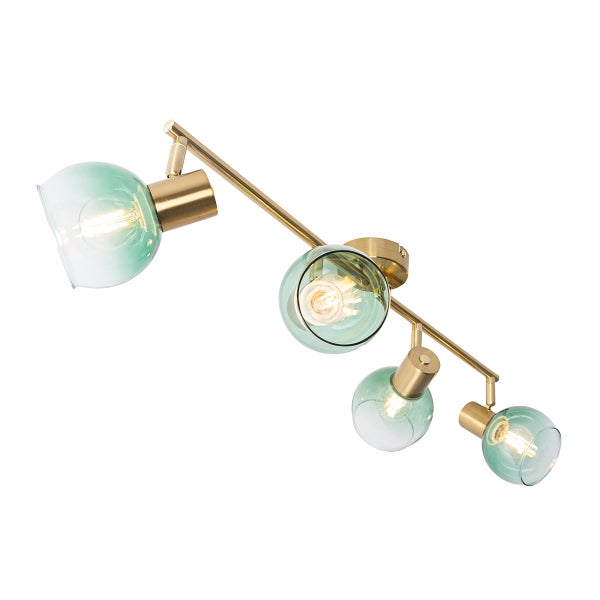 Deckenleuchte mit vier grünen Glasschirmen und goldfarbenen Fassungen