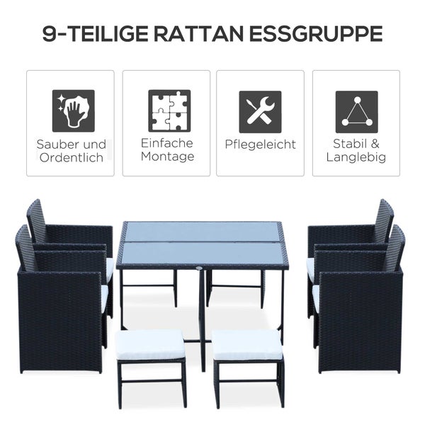 9-teilige Rattan Essgruppe mit Glastisch, 4 Sesseln und 4 Hockern inklusive Kissen. Merkmale: pflegeleicht, einfache Montage, stabil und langlebig.