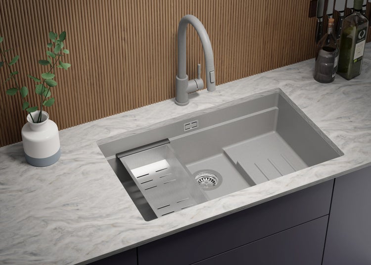 PRIMAGRAN Unterbauspüle Granit Grau 76x47cm, Spülbecken 1 Becken + Ablauf-Set + Aufrollbare Abtropffläche, Granitspüle ab 80er Unterschrank - Praga