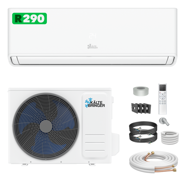 Kältebringer Split-Klimaanlagen-Set mit Innengerät, Außengerät, Fernbedienung, Montageset, Kältebringer Logo, für Kältemittel R290.