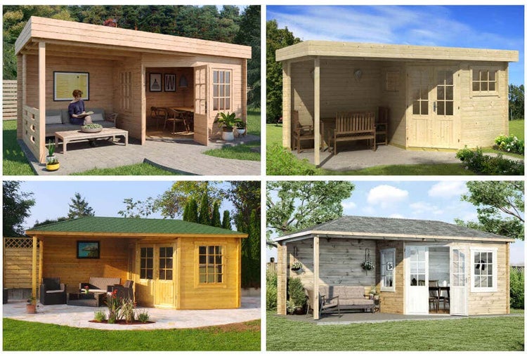 Kollage von vier Gartenhäusern aus Holz mit verschiedenen Designs und Stilen.