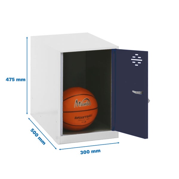Stahlschrank mit einer Tür und einem Basketball darin, Abmessungen 475 mm x 500 mm x 300 mm
