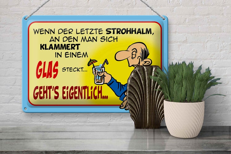 Blechschild Spruch 30x20cm Letzter Strohhalm in einem Glas