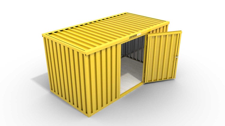 Lagercontainer Gerätehaus XL  – 10 qm, H2150 x B5080 x T2170 mm, Außenwandlackierung RAL 1003 signalgelb, Dach außen verzinkt, mit Holzfußboden, 1270 mm Einflügeltür mittig in Breitseite, montiert