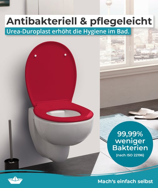 Calmwaters® Premium WC Sitz einfache Montage, Toilettendeckel bis 250 kg, Made in EU, antibakterieller Duroplast, Absenkautomatik, 2 Montage Optionen, abnehmbar, Klobrille, oval, Rot