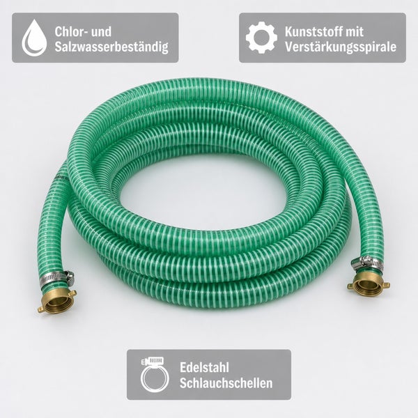 Saugschlauch mit Verstärkungsspirale, chlor- und salzwasserbeständig, inklusive Edelstahl Schlauchschellen und Anschlüssen.