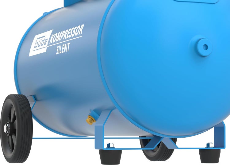 Blauer Güde Silent Kompressor mit Druckbehälter, Rädern und Gummistandfüßen.