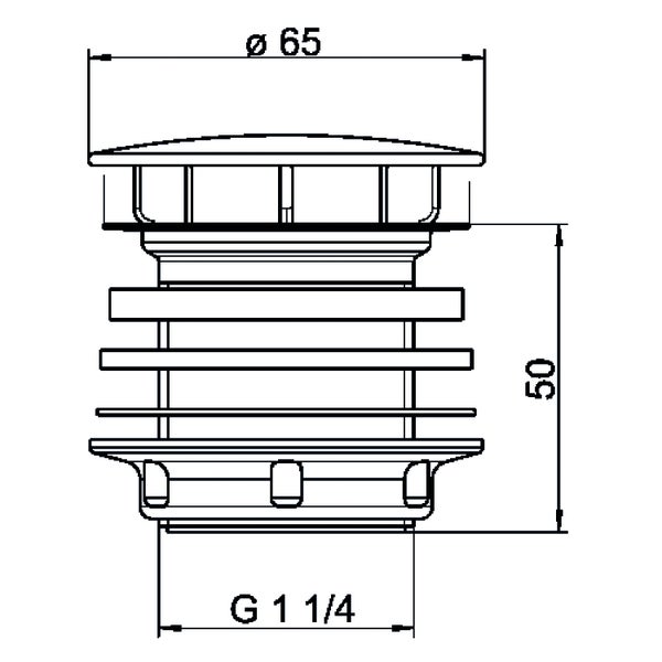 Technische Zeichnung eines Ablaufventils mit 65 Millimeter Durchmesser, 50 Millimeter Höhe und G 1 1/4 Zoll Gewinde.