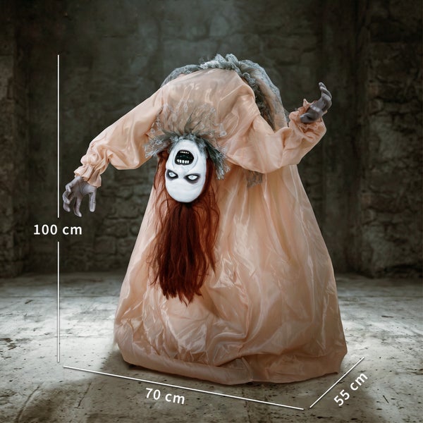 Animierte Halloween Gruselfigur in einem Kleid, 100 Zentimeter Höhe, 70 Zentimeter Breite und 55 Zentimeter Tiefe, für die Innenraumdekoration.