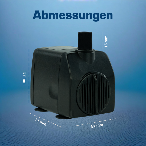 Abmessungen einer kleinen Wasserpumpe: Länge 71 Millimeter, Breite 51 Millimeter und Höhe 57 Millimeter.