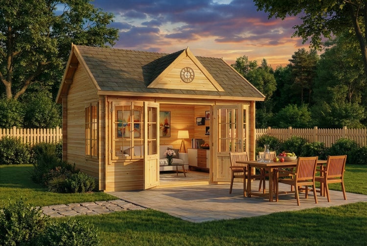 Modernes Gartenhaus aus Holz mit Glastüren und Schindeldach auf einer Steinterrasse mit Holzmöbeln in einem Garten bei Sonnenuntergang.