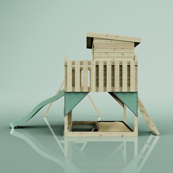Draufsicht auf ein Spielhaus aus Holz mit Rutsche und Schaukelanbau.