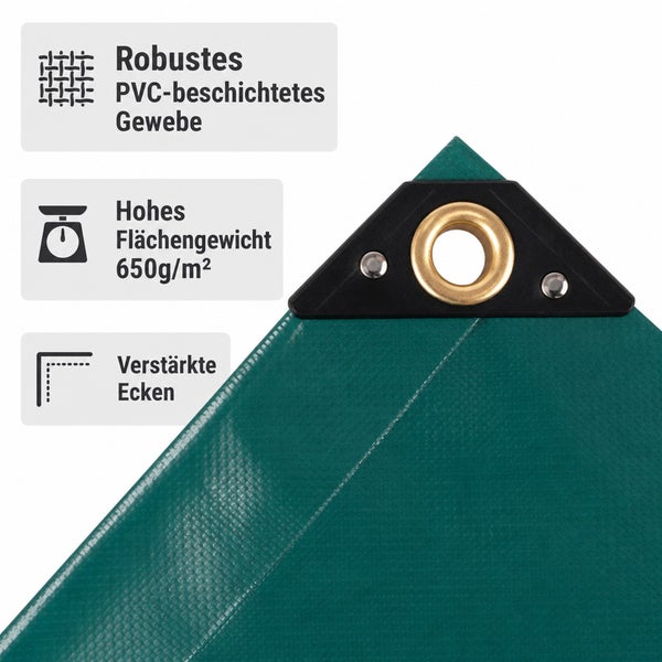 Detailansicht einer Gewebeplane mit verstärkung, Metallöse und Infografiken zu PVC Material, Gewicht von 650 Gramm pro Quadratmeter und Ecken.