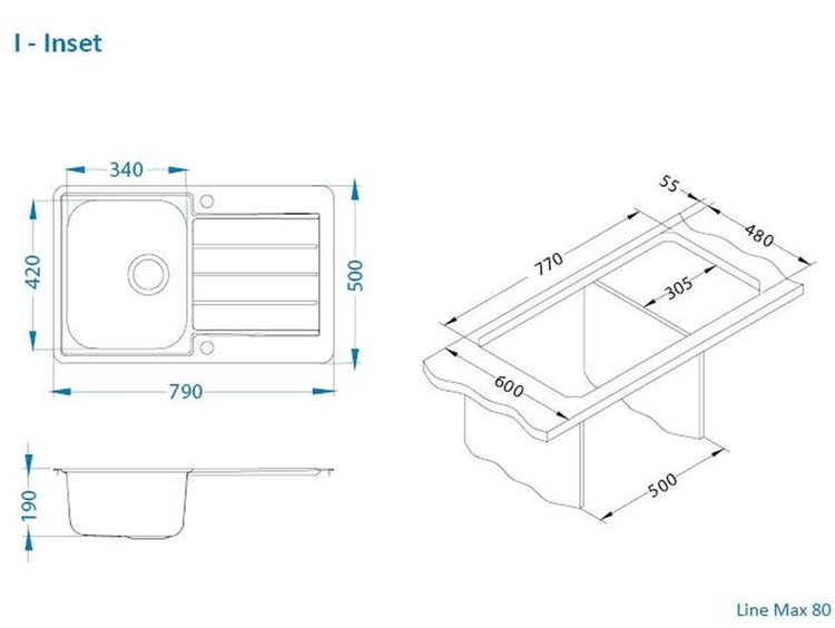Maßzeichnung einer Line Max 80 Einbauspüle mit Spülbecken und Abtropffläche, inklusive technischer Abmessungen in Millimetern.