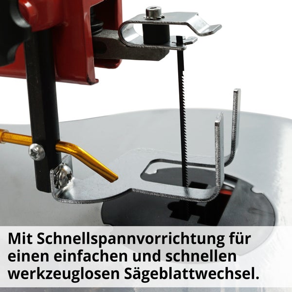 Detailansicht einer Dekupiersäge mit Schnellspannvorrichtung für werkzeuglosen Sägeblattwechsel.