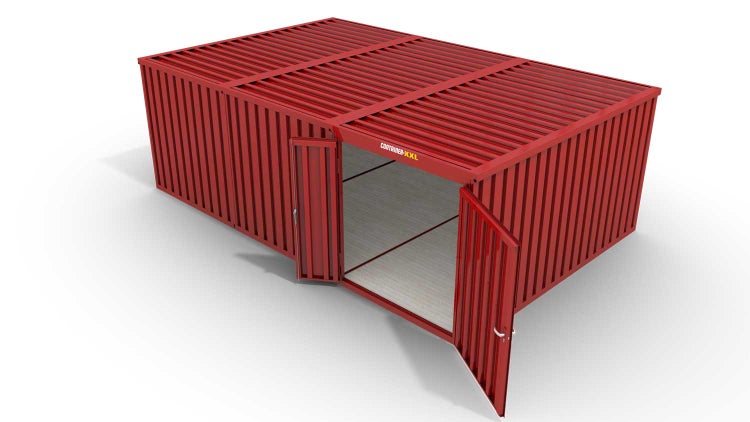 Lagercontainer Gerätehaus M3  – 18 qm, H2150 x B3050 x T6520 mm, Außenwandlackierung RAL 3000 feuerrot, Dach außen verzinkt, mit Holzfußboden, 1830 mm Doppelflügeltür mittig in Modul D, montiert