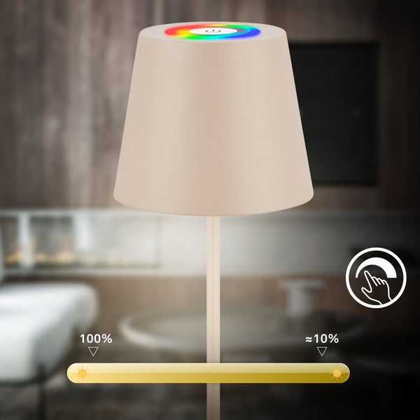 Briloner Calida 3 in 1 RGBW LED Tischlampe kabellos IP44, Dimmbar, Touch, Höhenverstellbar, Spritzwasserschutz, Beige, 36 x Ø10,5 cm