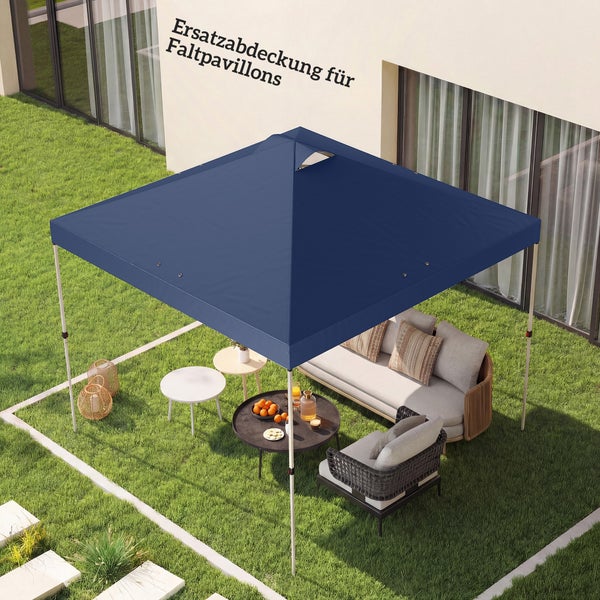 Ersatzabdeckung für Faltpavillon über einer Lounge-Sitzgruppe mit Sofa und Tischen im Garten.