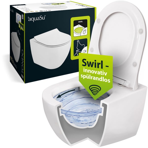 aquaSu® Wand WC Spülrandlos 2.0, innovative Swirl Spültechnik, Spritzfrei & leise, Umweltfreundlich, Wasserzulauf seitlich, WC-Set Tondo, WC-Sitz mit Absenkautomatik, Duroplast Weiß, 049979