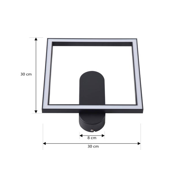 Quadratische LED-Wandleuchte in Schwarz, Maße 30 Zentimeter mal 30 Zentimeter, Wandhalterung 8 Zentimeter breit.