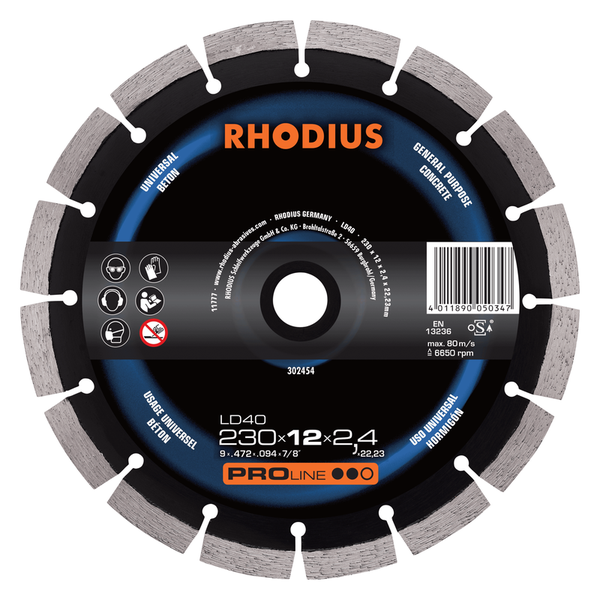 RHODIUS Diamanttrennscheibe LD40, 1 Stück, 230 x 12,0 x 2,4 x 22,23 mm für Beton, PROline