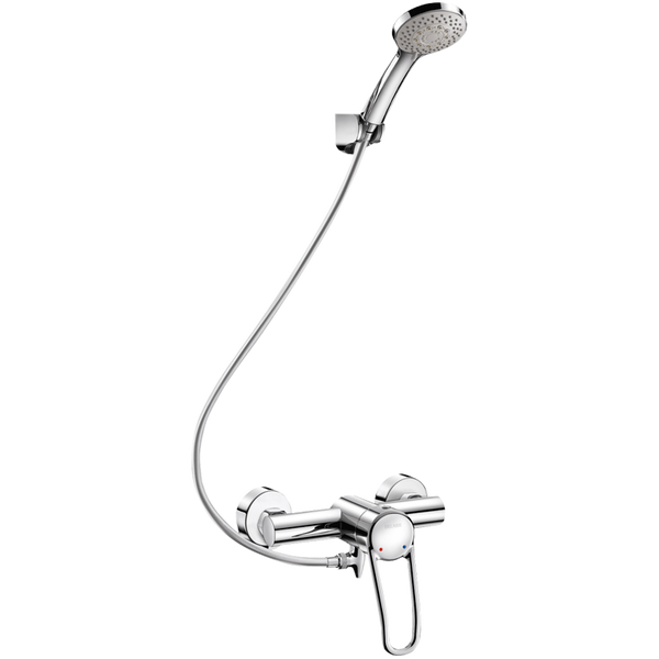 Einhebel-Brausearmatur aus verchromtem Metall mit Handbrause, Brauseschlauch und Wandhalterung.