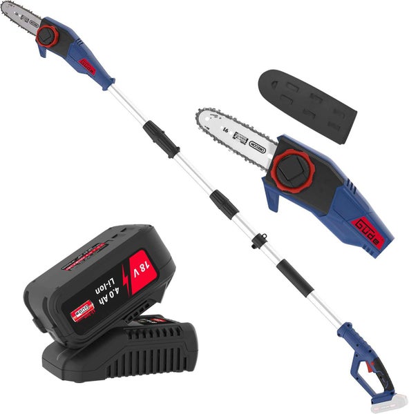 Güde Akku-Hochentaster Set mit Teleskopstiel, 18 Volt 4,0 Ah Akku, Ladegerät und Oregon Schwert.