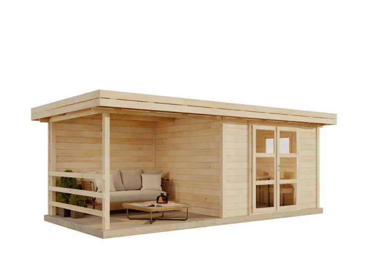 Modernes Gartenhaus aus hellem Holz mit Flachdach, integrierter Terrasse inklusive Lounge-Möbeln und verglaster Doppeltür.
