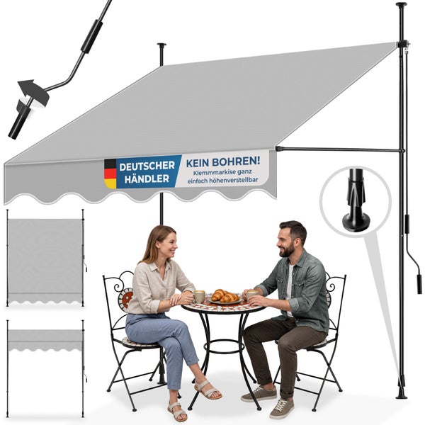 Graue, höhenverstellbare Klemmmarkise ohne Bohren, gezeigt mit einem Paar an einem Gartentisch, inklusive Detailansichten von Kurbel und Standfuß.