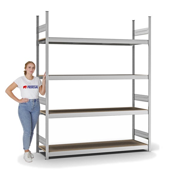 PROREGAL Weitspannregal Stecksystem T-Profil Grundregal HxBxT 250x200x50 cm 4 Ebenen Spanplatten Fachboden Fachlast 350 kg Verzinkt