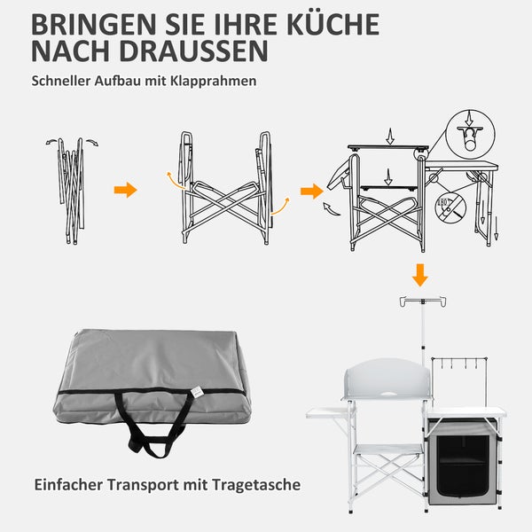 Outsunny Campingküche klappbar, Outdoor Küche mit UV-Schutz, Windschutz, Schränkfach, 3 Arbeitsplatten, Lichtständer, Aluminium, für Camping, Garten, Silber