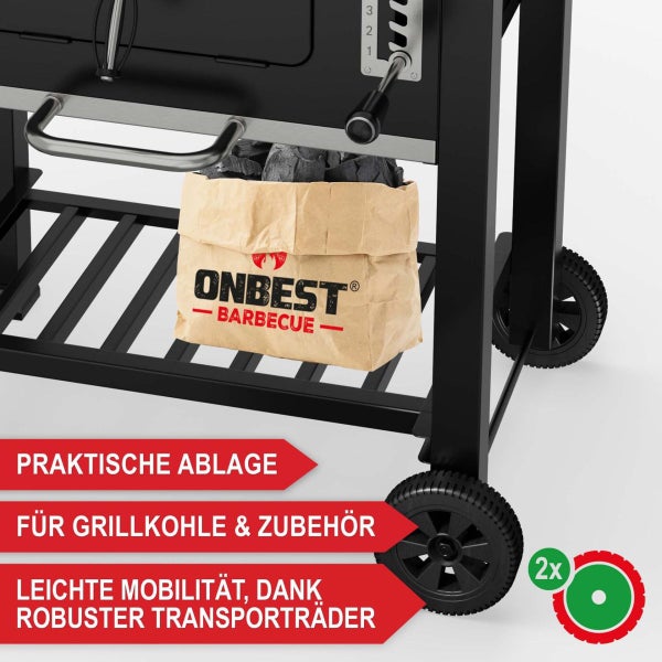 Unterteil eines schwarzen Holzkohlegrills mit ONBEST BARBECUE Logo auf dem Kohlesack, praktischer Ablage und zwei robusten Transporträdern.