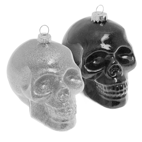 Totenkopfform 10cm mit schwarzen und silbernern Glitter, Glasornament, mundgeblasen und handekoriert, 2 Stck., Weihnachtsbaumkugeln, Christbaumschmuck, Weihnachtsbaumanhänger