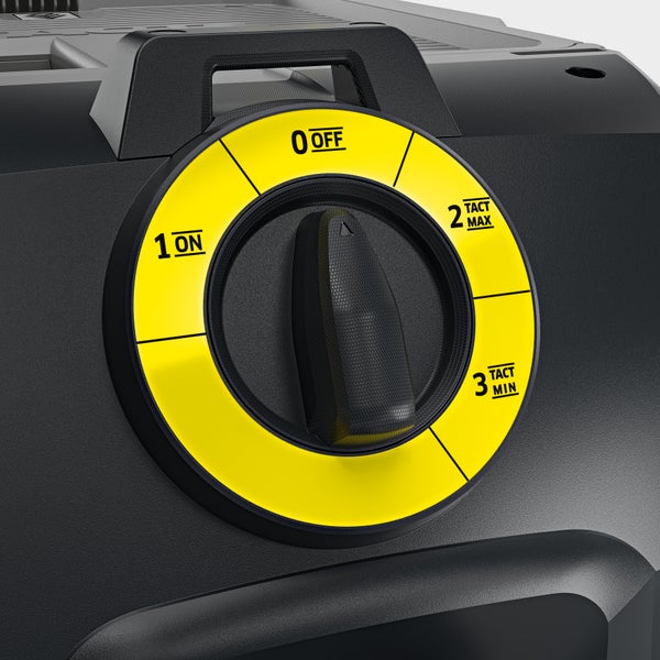 Drehschalter eines Staubsaugers mit den Einstellungen Aus, Ein, Tact Maximum und Tact Minimum.