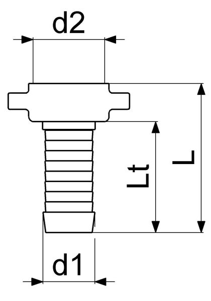 Technische Zeichnung eines Schlauchtüllenadapters mit Maßangaben für Durchmesser d1, d2, Gesamtlänge L und Tüllenlaenge Lt.