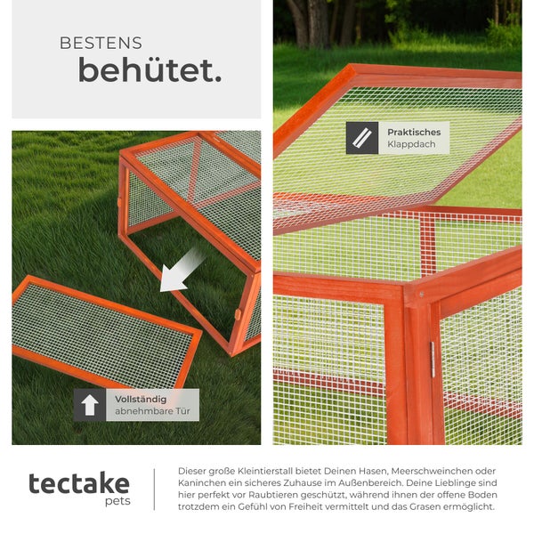 Tectake Kleintierstall aus Holz mit aufklappbarem Dach und abnehmbarer Tür für den sicheren Außeneinsatz auf Rasenflächen.