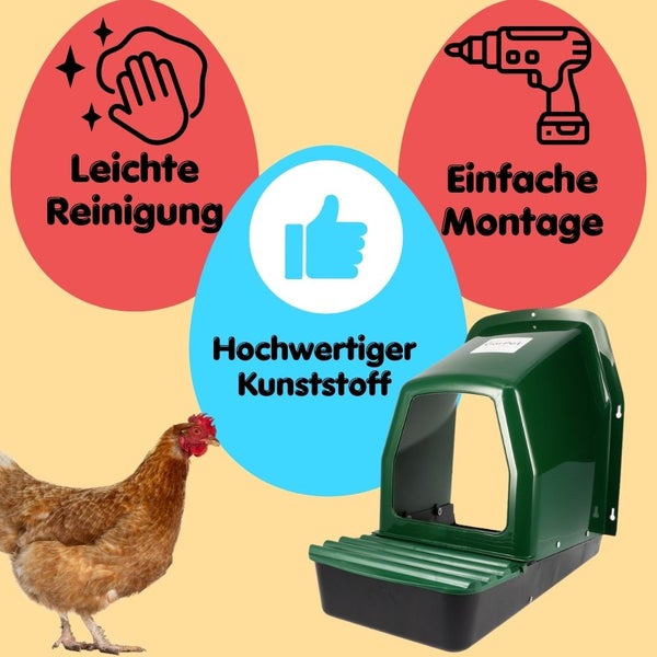 Bild einer Hühnerfutterstation aus Kunststoff mit Hinweisen zur einfachen Reinigung und Montage