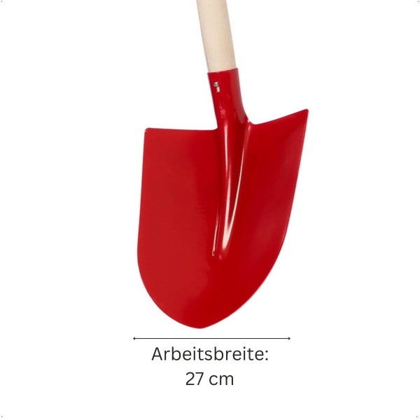 Schaufel mit Holzstiel und rotem Metallblatt, Arbeitsbreite 27 Zentimeter.