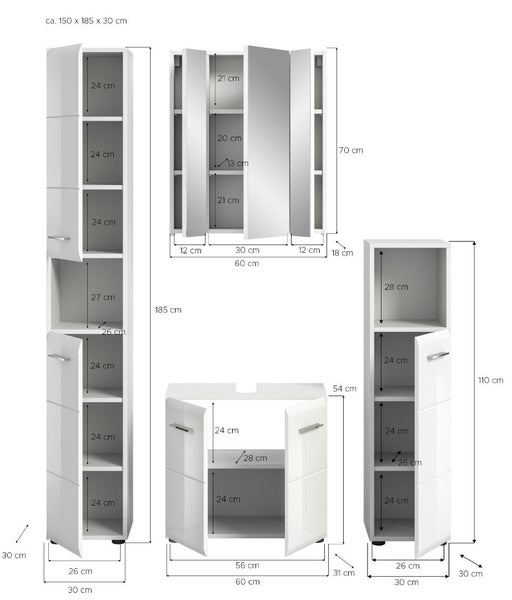 Badezimmermöbel-Set in Weiß Hochglanz mit Maßen in Zentimeter für Hochschrank, Spiegelschrank, Waschtischunterschrank und Midischrank.