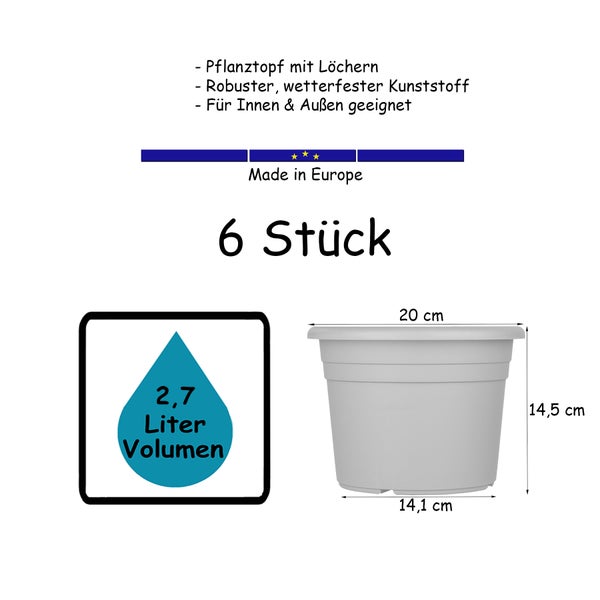 6x Blumentopf Ø 20 cm Farbe Anthrazit Kunststoff Pflanztopf Containertopf Übertopf Pflanzkübel rund 20 x 14,5 cm