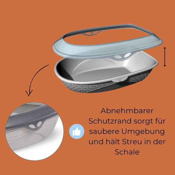 Katzentoilette mit abnehmbarem Schutzrand für eine saubere Umgebung und zum Zurückhalten der Streu in der Schale.