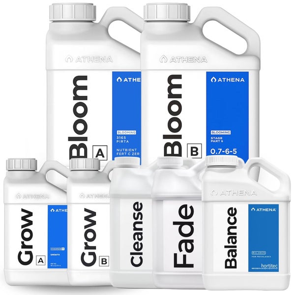 Set von Athena-Düngeprodukten für verschiedene Wachstumsstadien von Pflanzen, einschließlich Grow A, Grow B, Bloom A, Bloom B, Cleanse, Fade und Balance.