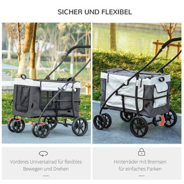 PawHut 2 in 1 Hundebuggy Haustierwagen Hundetrolley mit abnehmbarem Korb, 2 Sicherheitsleinen Klappbarer Katzenwagen für kleine und Miniaturhunde, Oxford, Grau