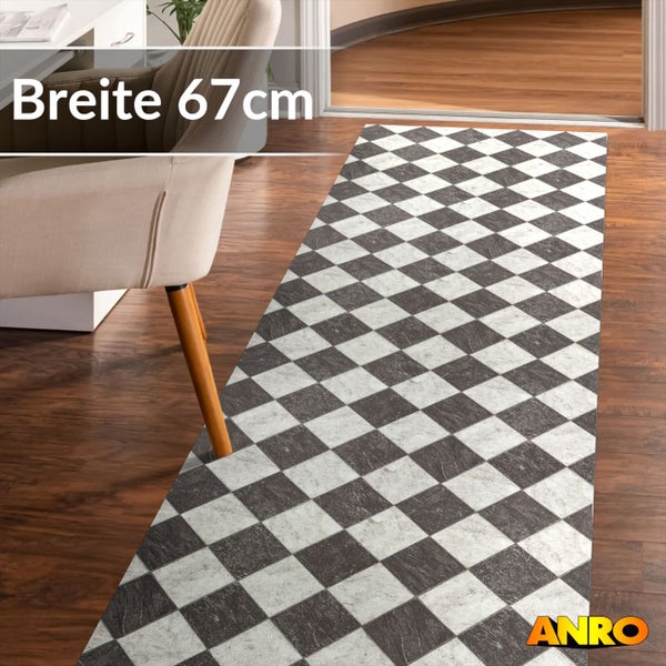 Küchenläufer mit schwarz-weißem Karomuster, Breite 67 Zentimeter, auf Holzboden neben einem Stuhl liegend. ANRO Logo.