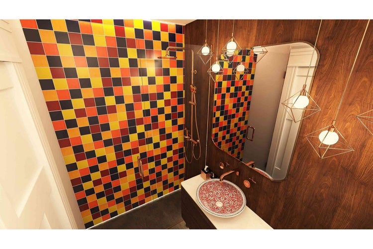 Badezimmer mit Mosaikfliesen, Dusche, Waschtisch und Beleuchtung