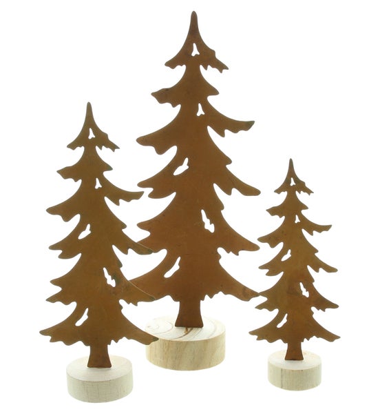FRANK FLECHTWAREN | Metalldeko Tanne, 3er Set, 8 x 18 cm, 10 x 23 cm, 13,5 x 30 cm, METALL, HOLZ