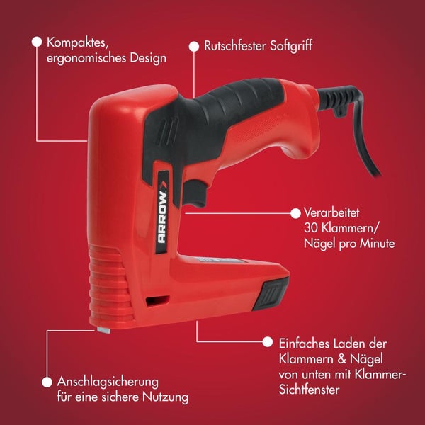 Roter elektrischer Tacker von Arrow mit ergonomischem Design, Softgriff, Kapazität von 30 Klammern pro Minute, Anschlagsicherung und Sichtfenster.