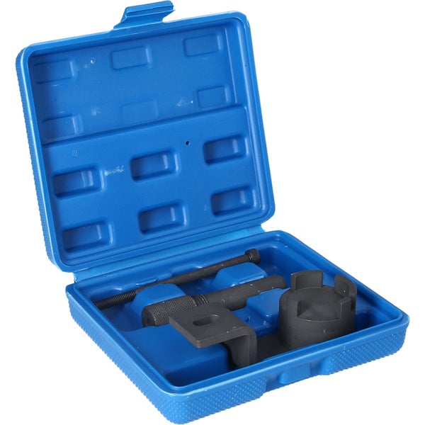 Werkzeugsatz für die Autoreparatur in einem blauen Kunststoffkoffer