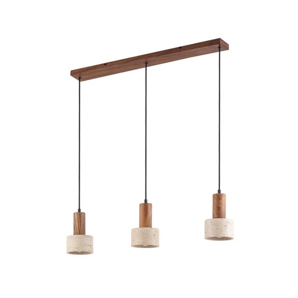 Moderne Pendelleuchte mit zylindrischem Holzelement und strukturiertem Steinsockel